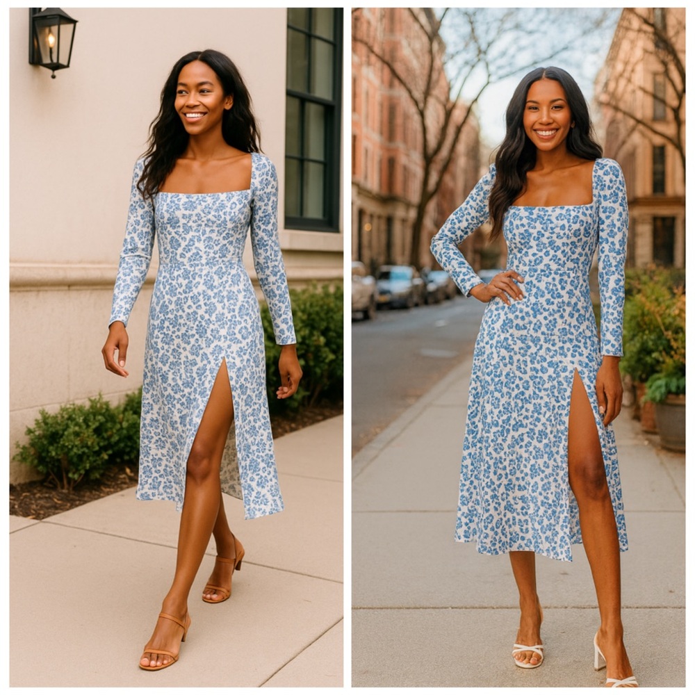 REFORMATION Sigmund Milonesa Blue White Floral Long Sleeve Slit Midi Dress Sz 24 - Picture 3 of 15